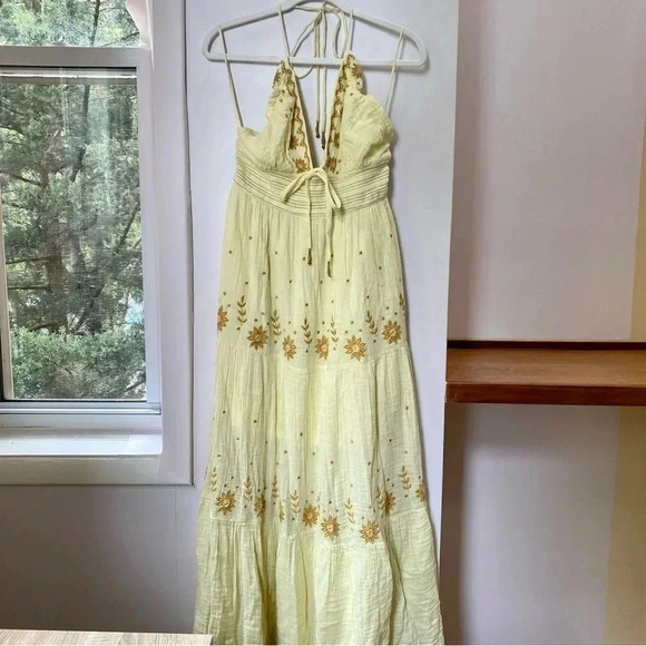 New Free People Real Love Embroidered Dress Maxi Summer Its Electric Yellow XL - Picture 5 of 15